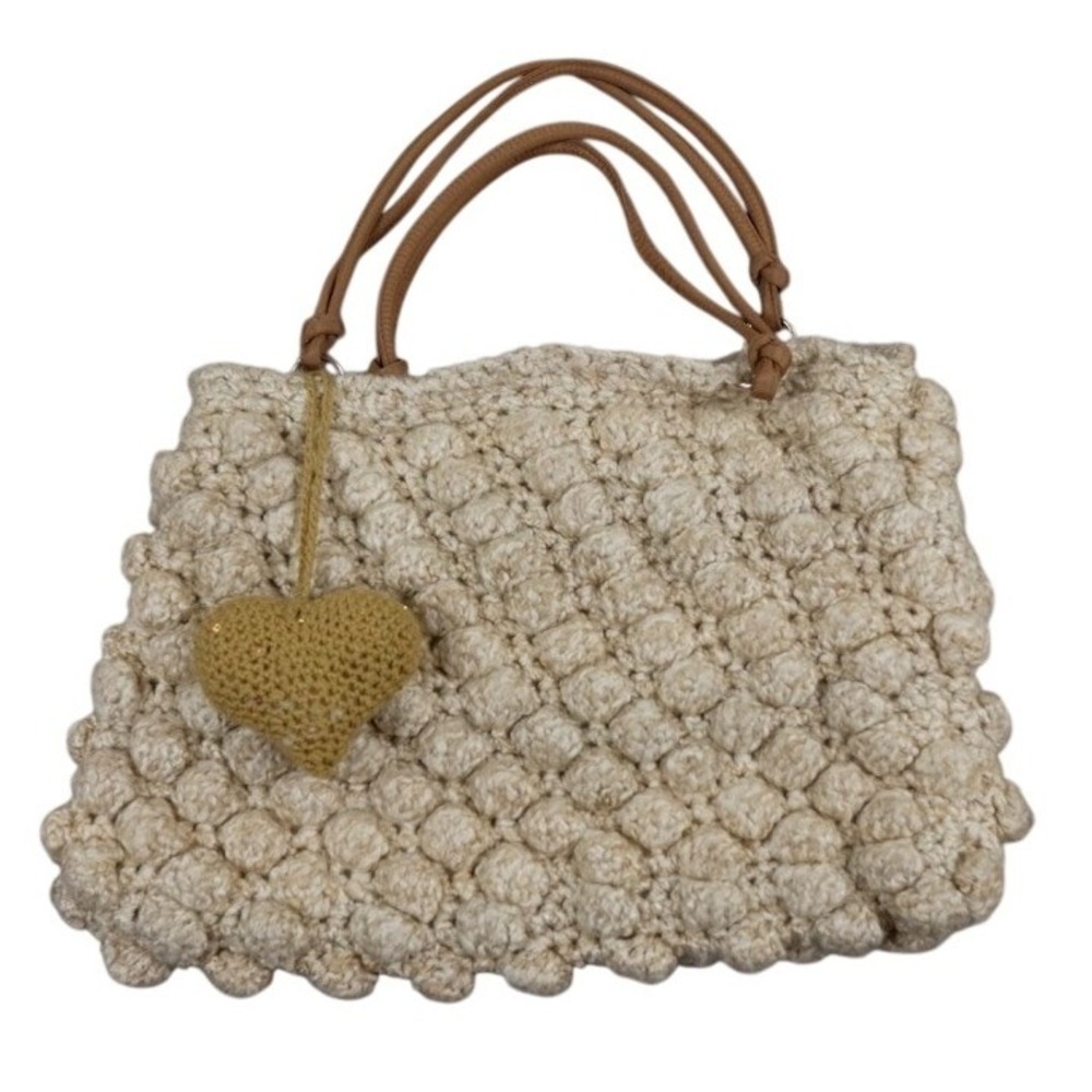 Handmade Crochet Tote Bag Women Large‎ Cream Popcorn Stitch Boho Heart Charm